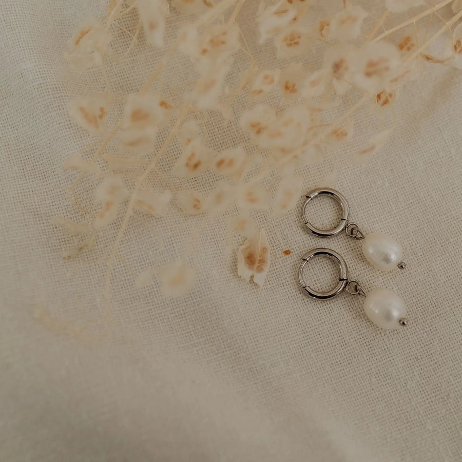 Silver Pearl Hoop Earrings by Katyb Jewellery