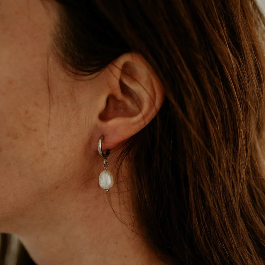 Silver Pearl Hoop Earrings by Katyb Jewellery