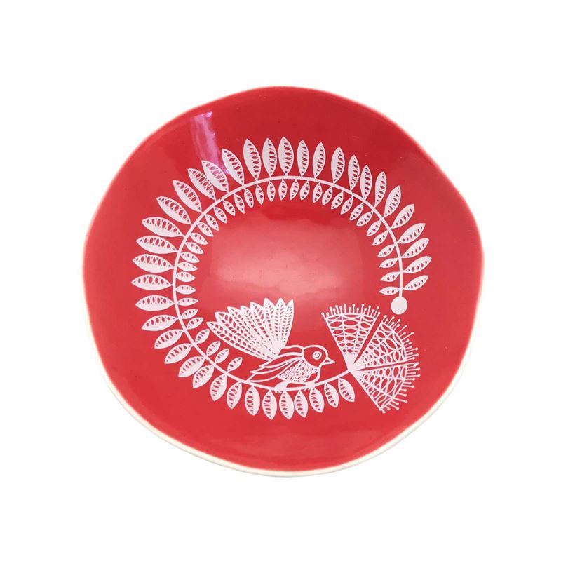 White Fantail and Pohutukawa on Red 7cm Bowl