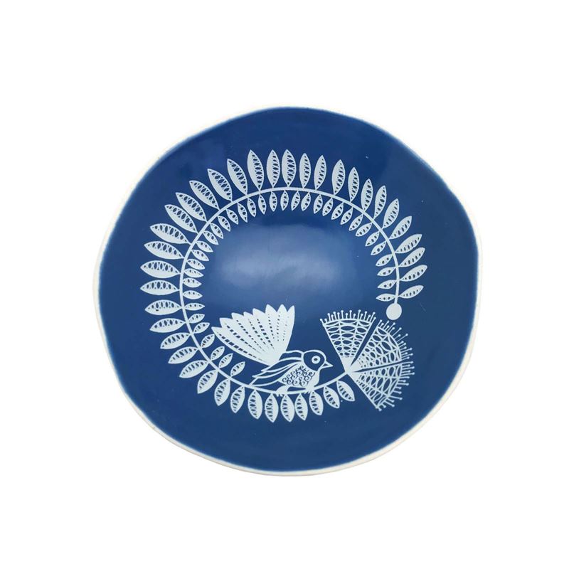White Fantail and Pohutukawa on Blue 7cm Bowl