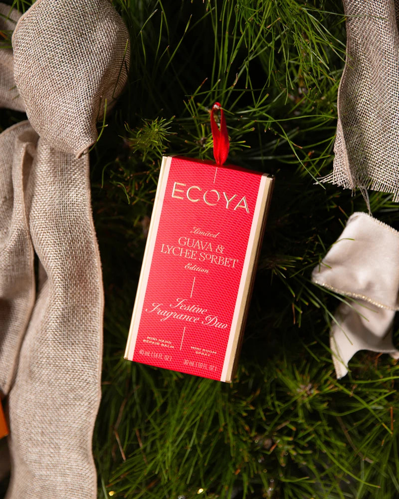 Ecoya Festive Fragrance Duo - Mini Hand Repair Balm 40ml and Mini Room Spray 30ml - Guava & Lychee Sorbet