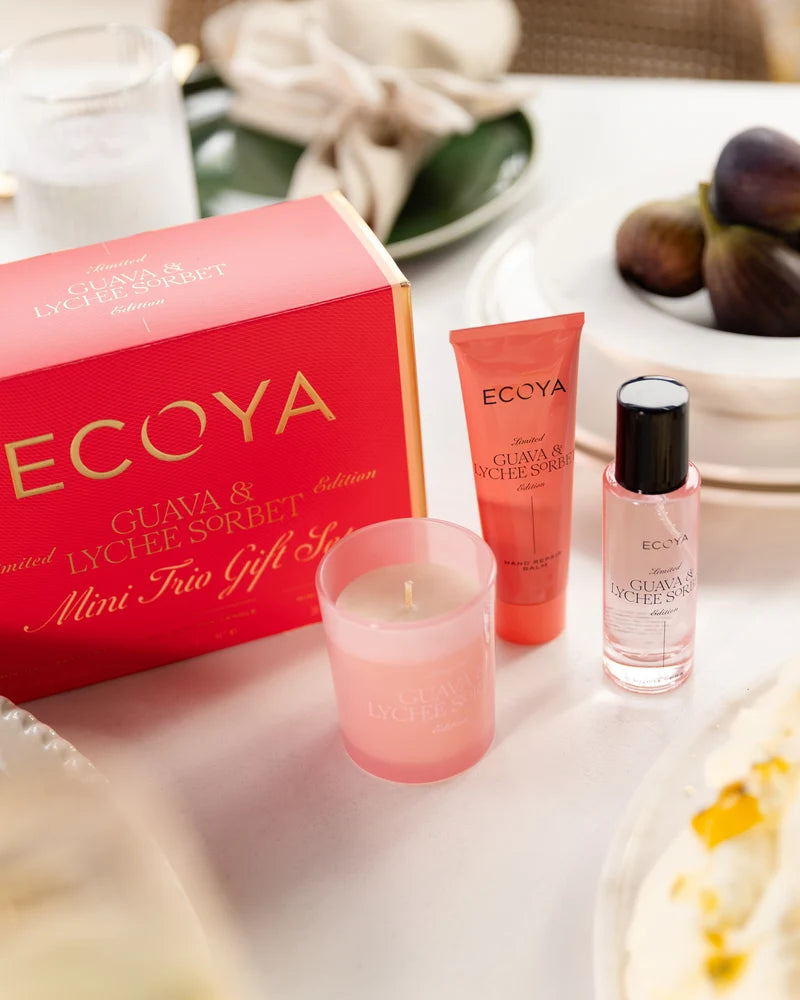 Ecoya Mini Trio Gift Set - Mini Madison, Mini Hand Repair Balm and Mini Room Spray - Guava & Lychee Sorbet