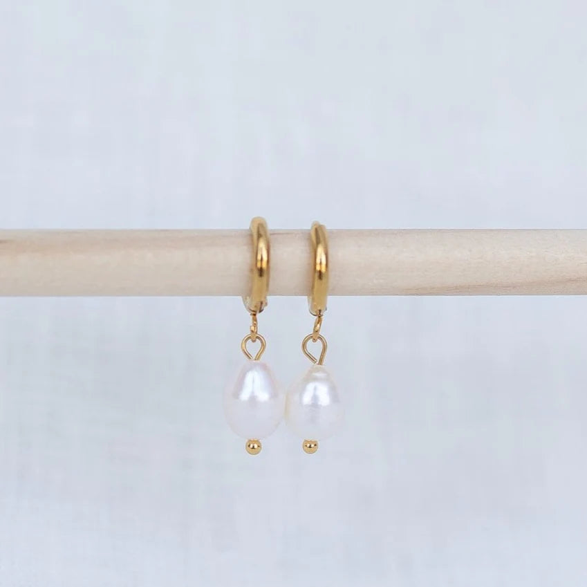 Gold Pearl Hoop Earrings by Katyb Jewellery