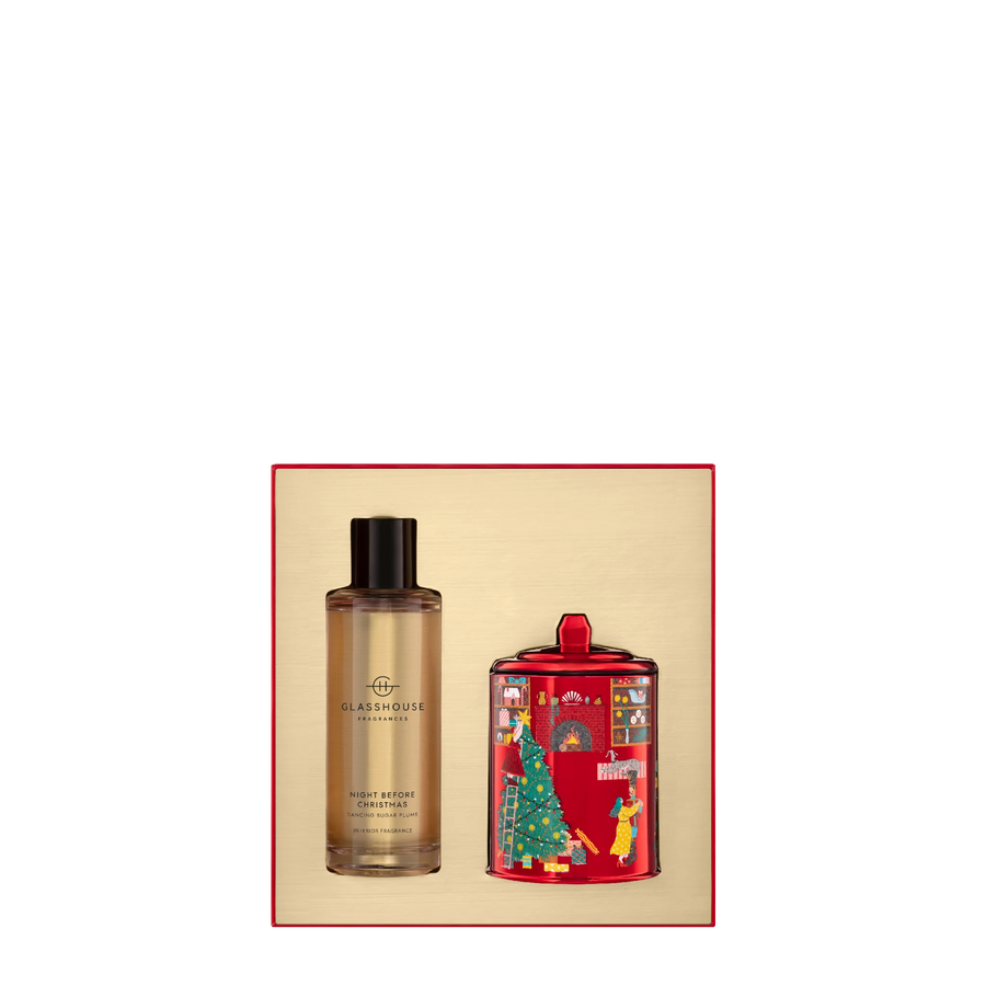 Glasshouse Fragrances Night Before Christmas Gift Set- 200G Candle and 150ml Interior Spray