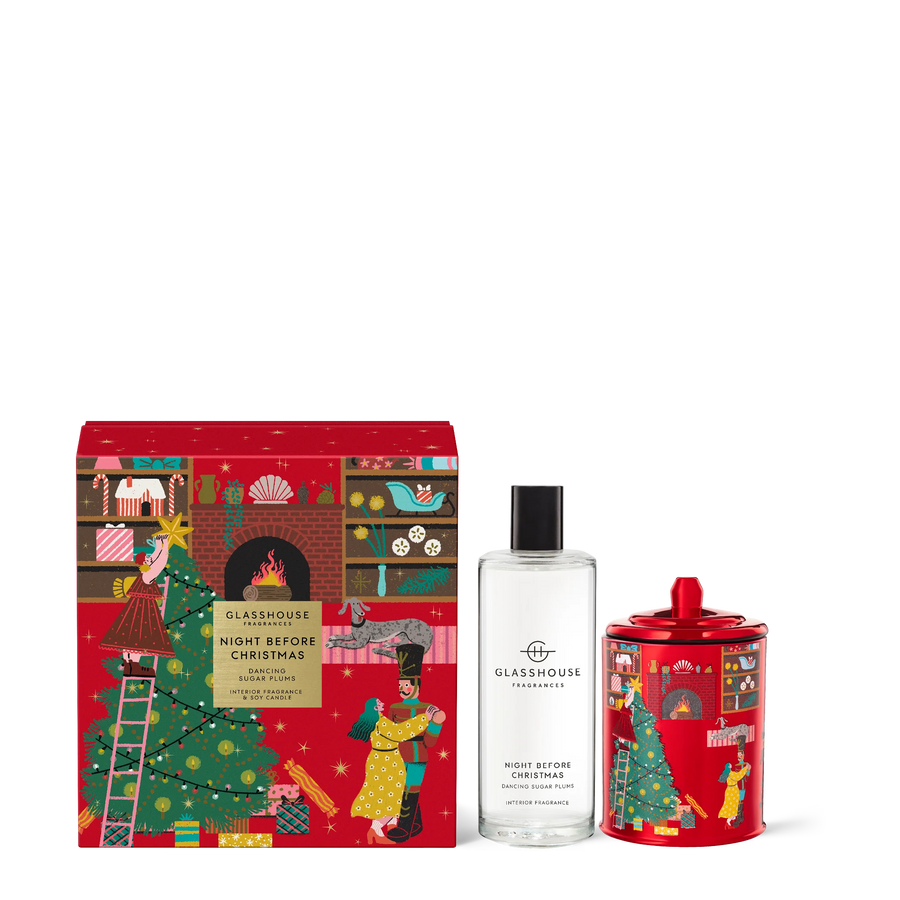 Glasshouse Fragrances Night Before Christmas Gift Set- 200G Candle and 150ml Interior Spray