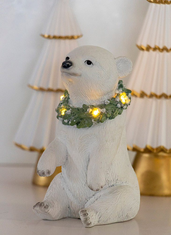 Sitting Polar Bear with Wreath LED lights