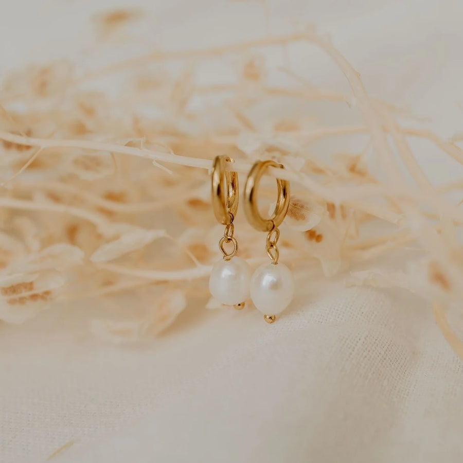 Gold Pearl Hoop Earrings by Katyb Jewellery