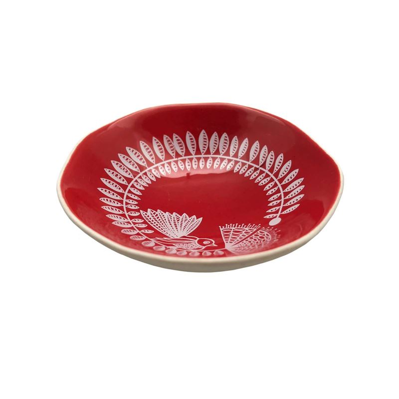 White Fantail and Pohutukawa on Red 7cm Bowl