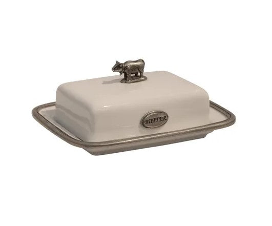 WHITE PORCELAIN AND PEWTER BUTTER DISH 10X21X16