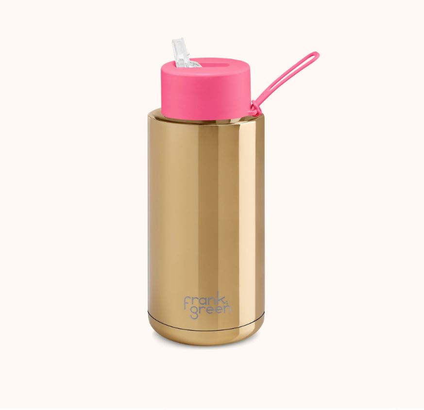 Ceramic 34oz Reusable Straw Lid Drink Bottle Gold/Neon Pink