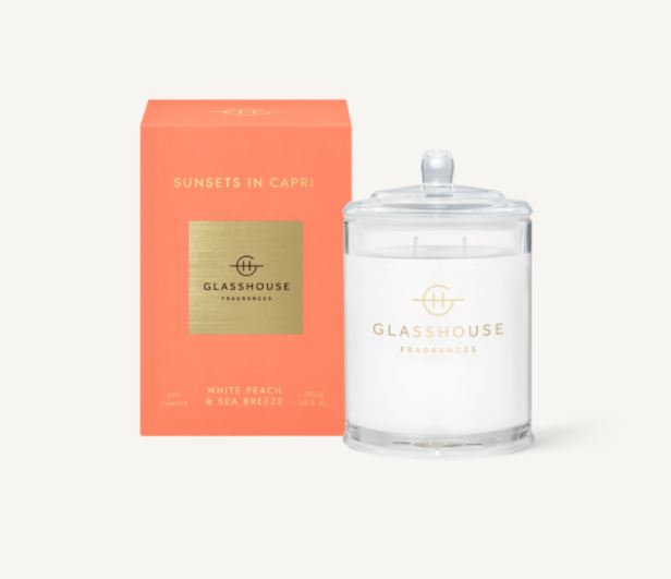Glasshouse Fragrances 380g Sunsets in Capri White Peach and Sea Breeze Candle